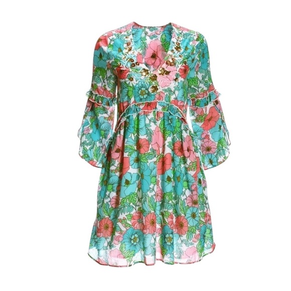 Boston Proper Bouquet Of Summer Embellished Peasant Dress feminine romantic S - Picture 3 of 13